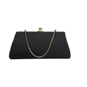 Vintage Black Fabric Gold Frame Kiss Lock Purse Evening Clutch Bag Handbag